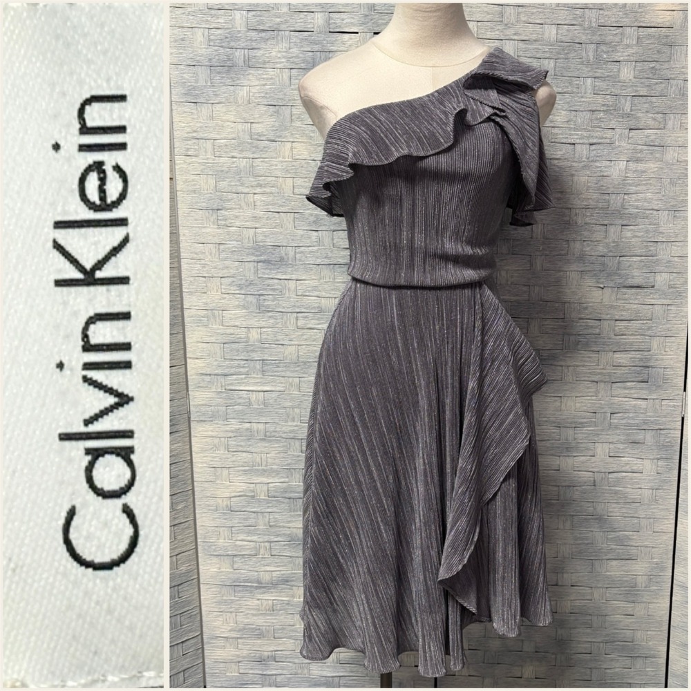 Calvin Klein Sz 2 One Shoulder Ruffle Pleated Midi‎ Dress Metallic Silver Gray